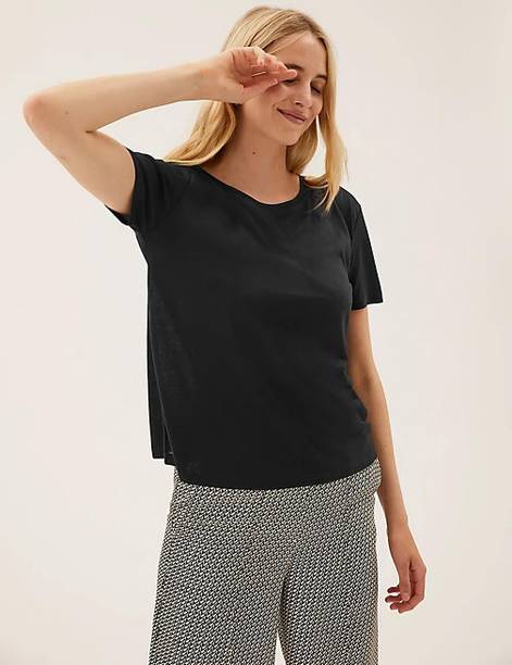 Women Solid Round Neck Polyester Black T-Shirt
