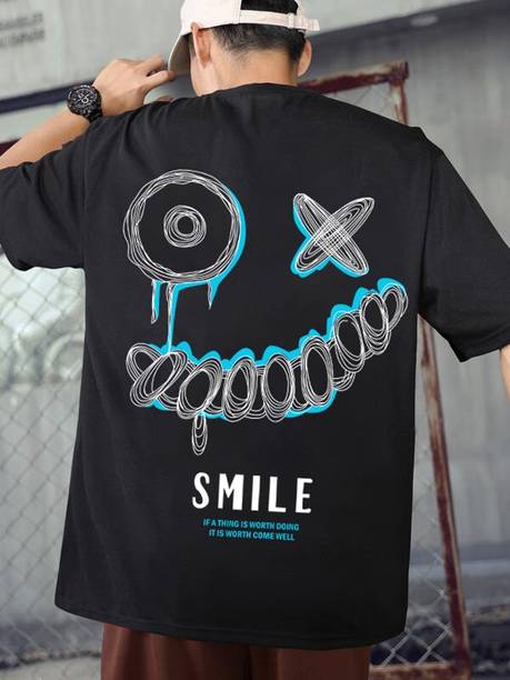 Men Printed, Typography Round Neck Pure Cotton Black T-Shirt