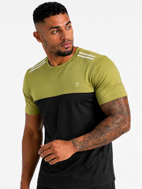 Men Colorblock Round Neck Polyester Green T-Shirt