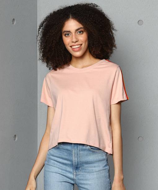 METRONAUT By Flipkart Solid Women Round Neck Cotton Blend Pink T-Shirt