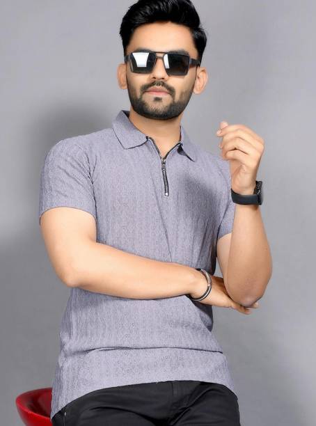 Men Self Design Polo Neck Polycotton Grey T-Shirt