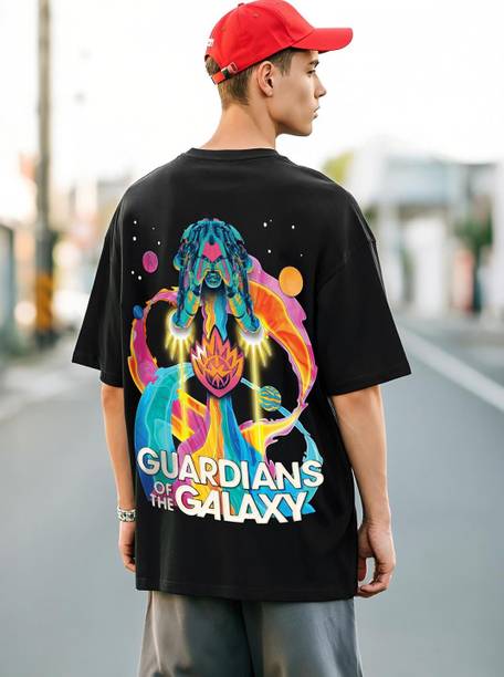 Guardians Of The Galaxy Men Graphic Print Round Neck Pure Cotton Black T-Shirt