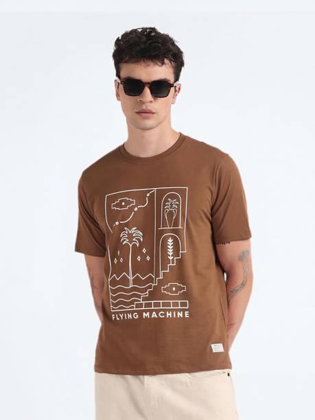 Men Printed Crew Neck Cotton Blend Brown T-Shirt