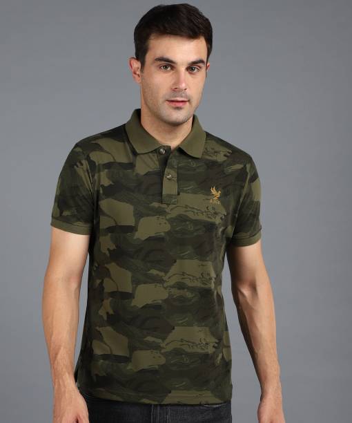Men Printed Polo Neck Cotton Blend Green T-Shirt Price in India