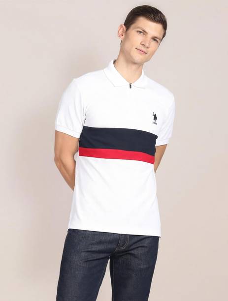 Men Colorblock Polo Neck Pure Cotton White T-Shirt