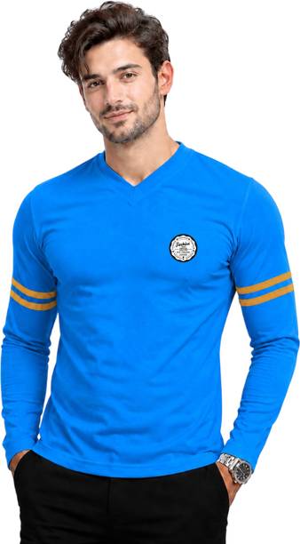Men Graphic Print V Neck Cotton Blend Blue T-Shirt