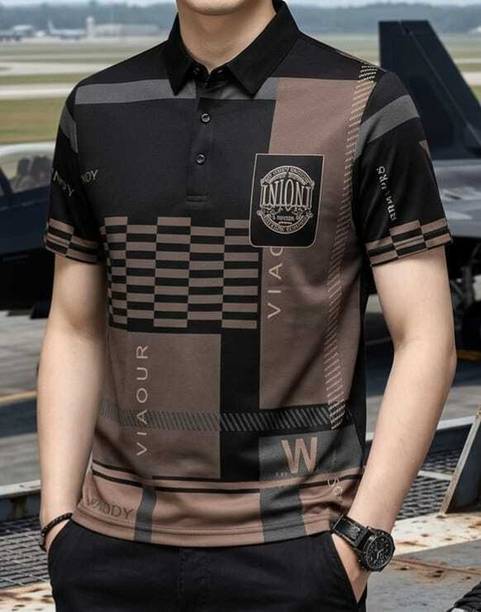 Men Checkered, Printed, Striped Polo Neck Cotton Blend Black, Brown T-Shirt