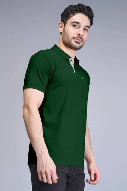 Men Colorblock Polo Neck Pure Cotton Dark Green T-Shirt