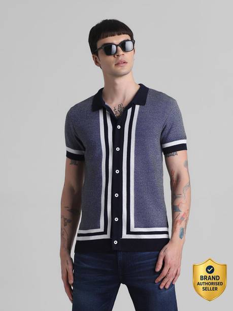 JACK & JONES Men Striped Polo Neck Cotton Blend Dark Blue T-Shirt