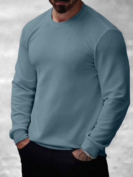 KAJARU Men Self Design Round Neck Polyester Blue T-Shirt