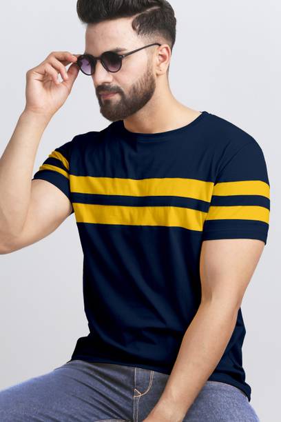 Men Striped Round Neck Cotton Blend Yellow, Navy Blue T-Shirt