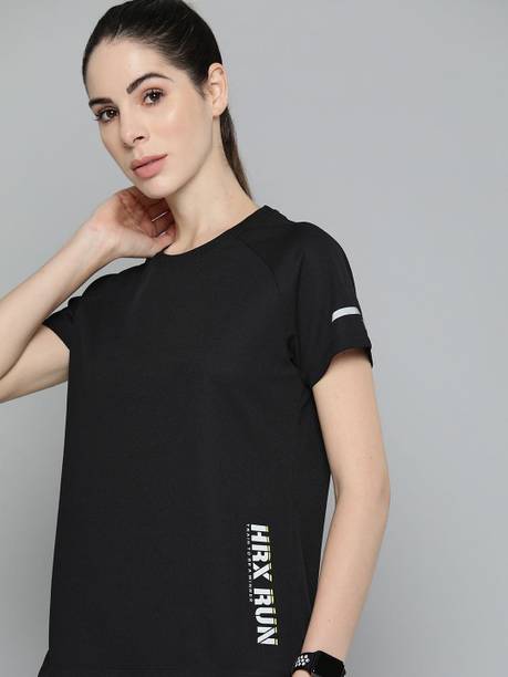 Women Printed Round Neck Polyester Black T-Shirt