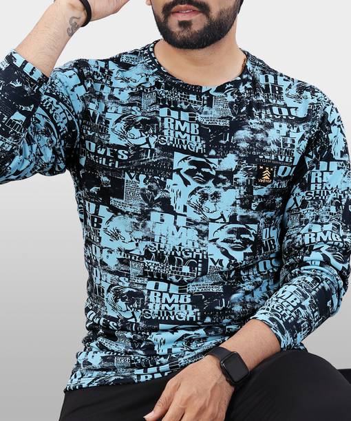 Men Typography Round Neck Poly Cotton Light Blue T-Shirt