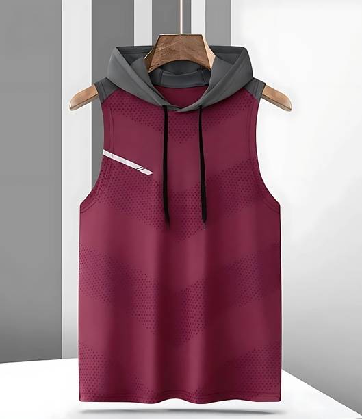 Men Printed Hooded Neck Polyester Maroon T-Shirt