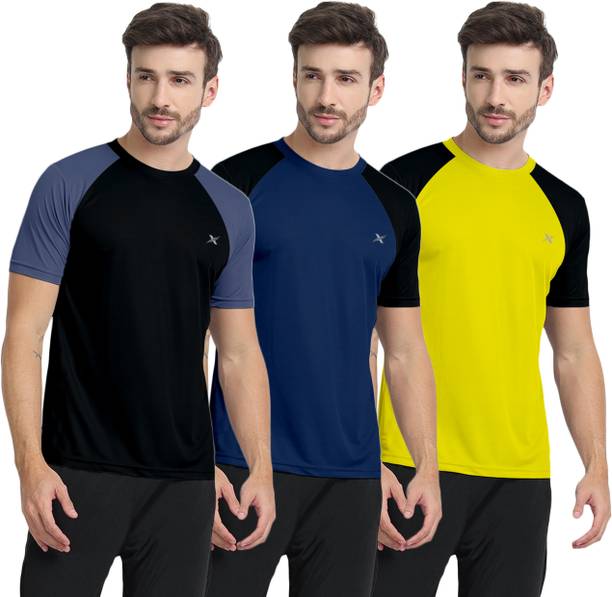 Pack of 3 Men Colorblock Round Neck Polyester Black, Dark Blue, Yellow T-Shirt