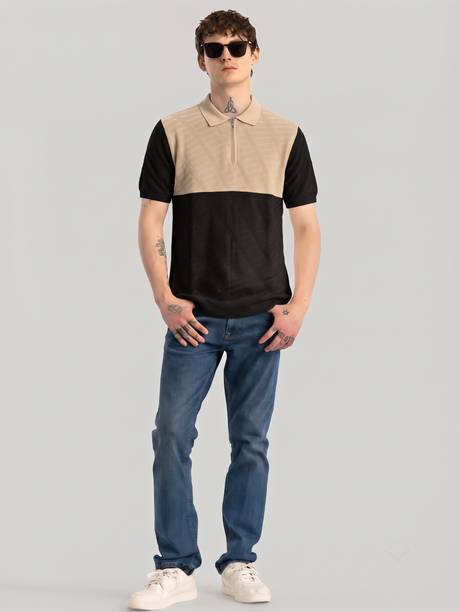 Men Self Design Polo Neck Pure Cotton Beige, Black T-Sh...