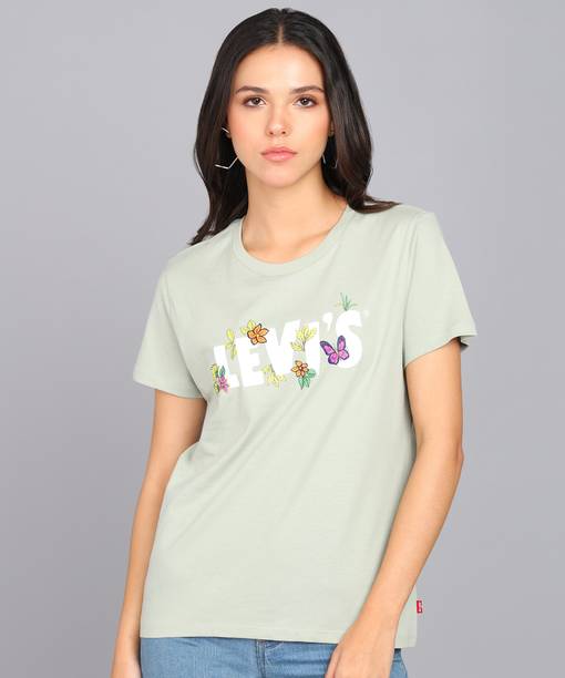 LEVI'S Women Printed Round Neck Pure Cotton Grey T-Shirt