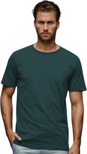 BlueFicus Men Solid Round Neck Cotton Blend Green T-Shirt