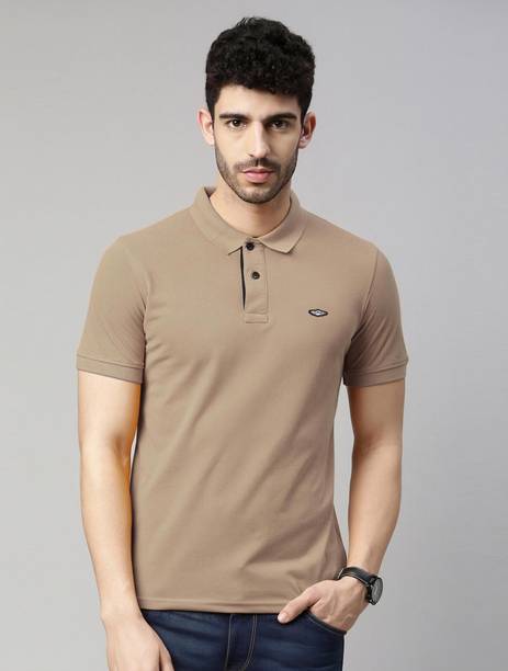 Solid Men Polo Neck Cotton Blend Beige T-Shirt