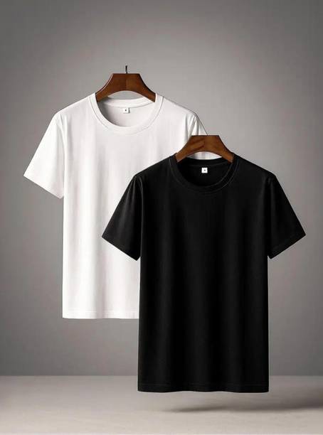 SHYAMIT Men Solid Round Neck Polyester White, Black T-Shirt