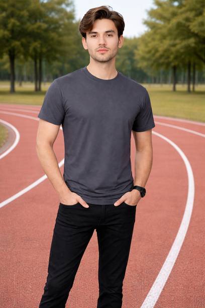 Moda Rapido Men Self Design, Solid Round Neck Polyester Grey T-Shirt