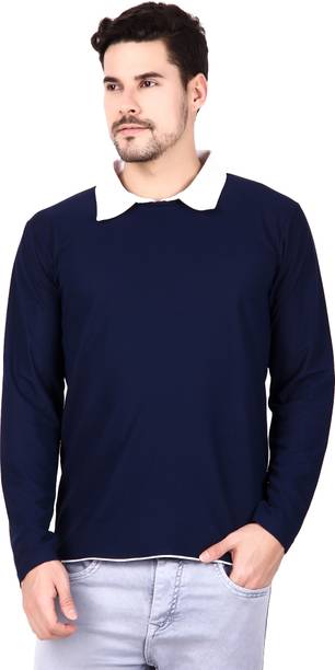 Men Solid Polo Neck Cotton Blend Navy Blue T-Shirt