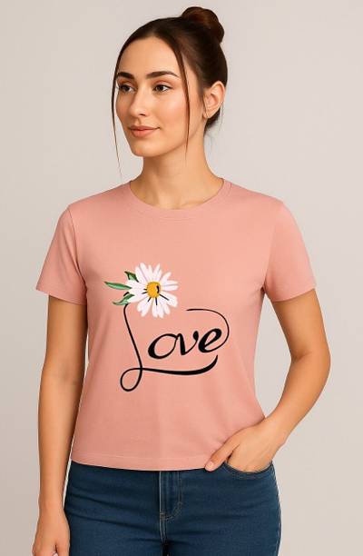 HouseOfCommon Women Graphic Print Round Neck Polyester Pink T-Shirt