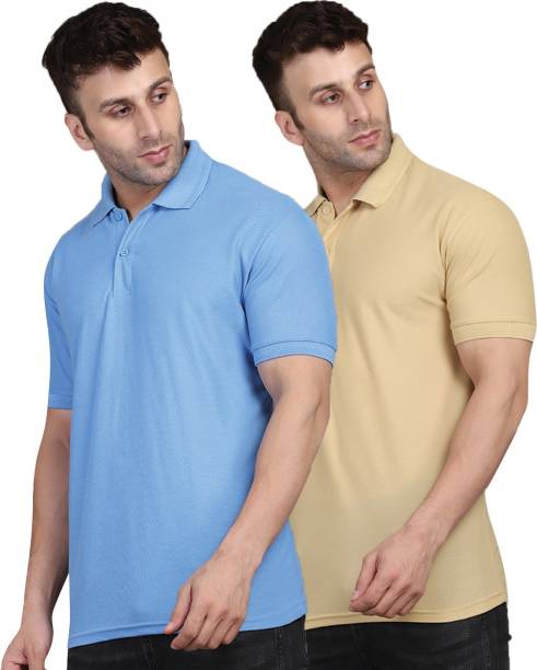 Pack of 2 Men Solid Polo Neck Cotton Blend Light Blue, Beige T-Shirt Price in India