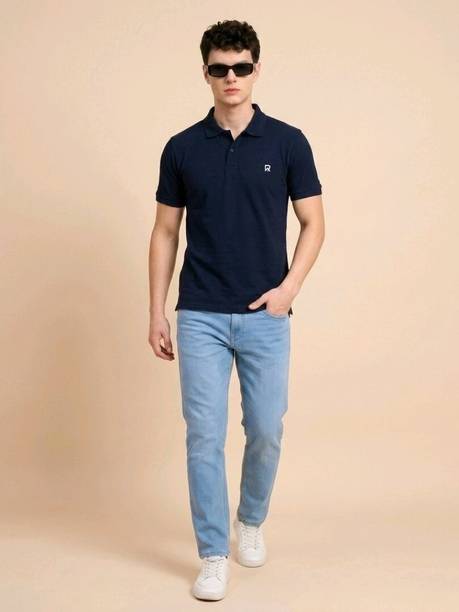 Men Solid Polo Neck Pure Cotton Navy Blue T-Shirt