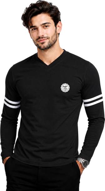 Men Graphic Print V Neck Cotton Blend Black T-Shirt