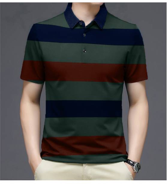 Men Striped Polo Neck Cotton Blend (180 gsm) Green T-Shirt Price in India