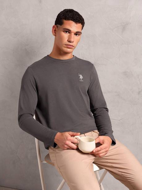 Men Solid Crew Neck Pure Cotton Grey T-Shirt