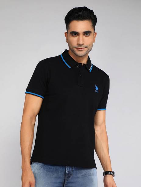 Men Solid Polo Neck Pure Cotton Black T-Shirt