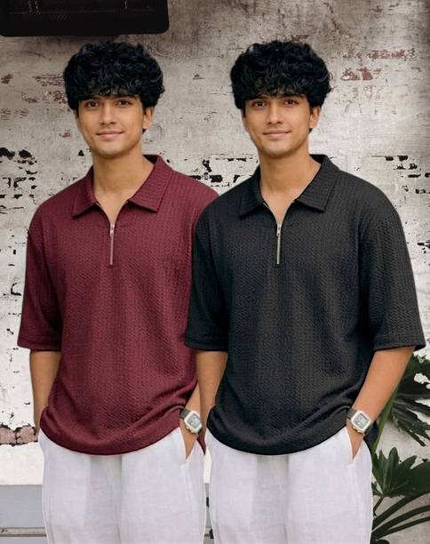 Pack of 2 Men Self Design Zip Neck Polyester Multicolor T-Shirt