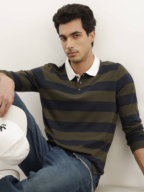 Men Colorblock Polo Neck Pure Cotton Green T-Shirt