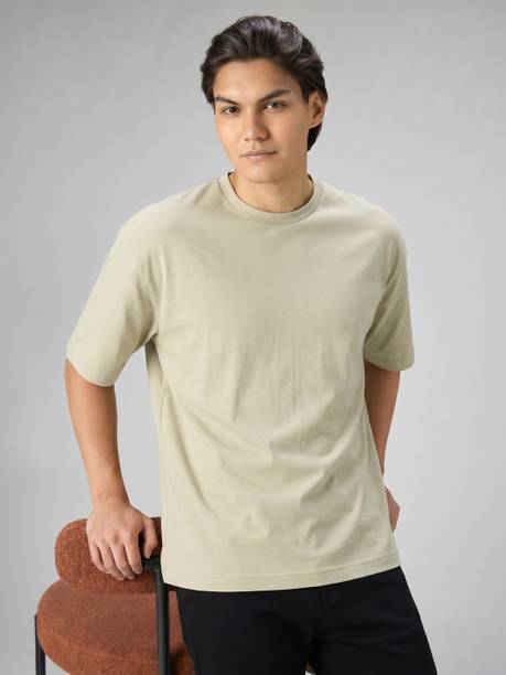 Men Solid Round Neck Cotton Blend Beige T-Shirt