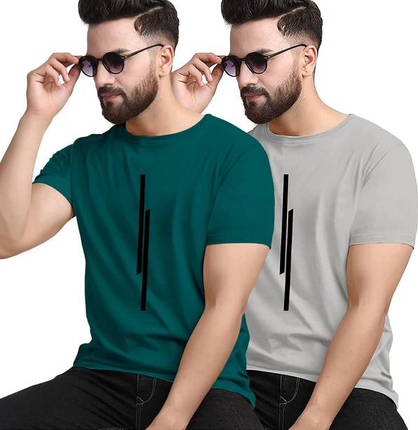 KAJARU Pack of 2 Men Striped Round Neck Polyester Grey, Dark G...