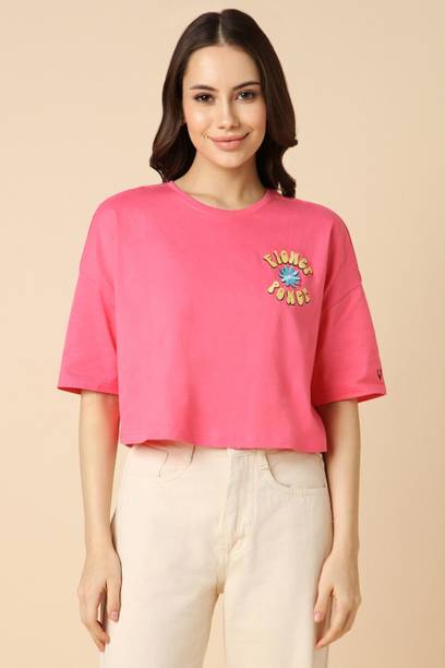 Women Printed Round Neck Pure Cotton Pink T-Shirt