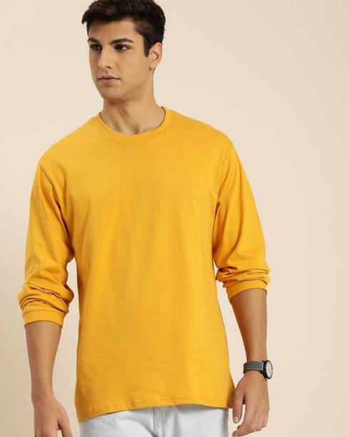 Men Solid Round Neck Cotton Blend Yellow T-Shirt