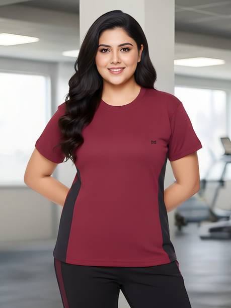 Women Colorblock Round Neck Polyester Maroon T-Shirt