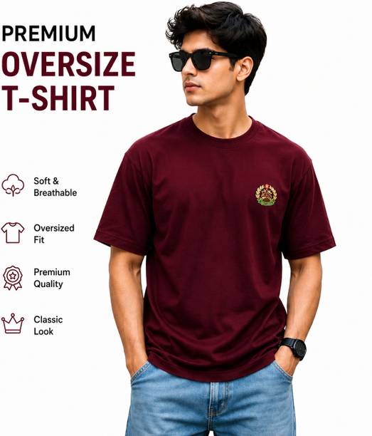 Arvind Men Embroidered Round Neck Polyester Maroon T-Shirt