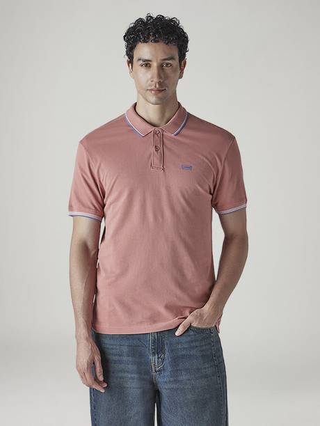 LEVI'S Men Solid Polo Neck Cotton Blend Pink T-Shirt