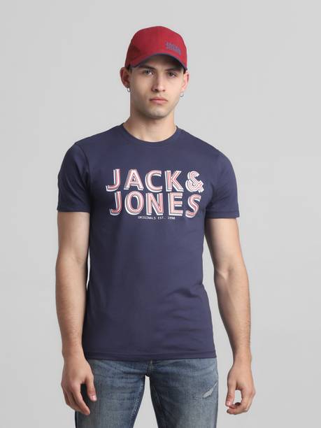 Men Typography Round Neck Cotton Blend Dark Blue T-Shirt