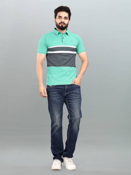 Men Colorblock Polo Neck Cotton Blend Blue T-Shirt Price in India