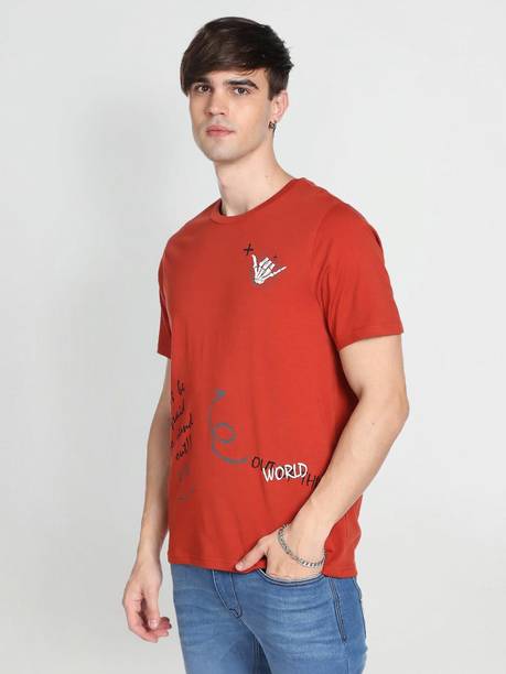 Men Printed Round Neck Cotton Blend Red T-Shirt