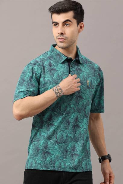 Stellers Men Floral Print Polo Neck Polyester Green T-Shirt