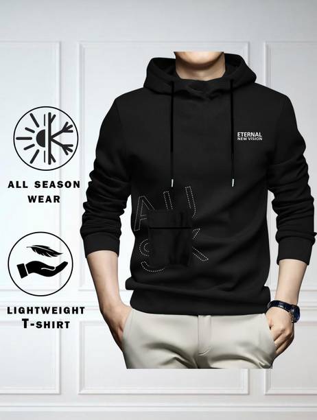 Men Solid Hooded Neck Cotton Blend Black T-Shirt