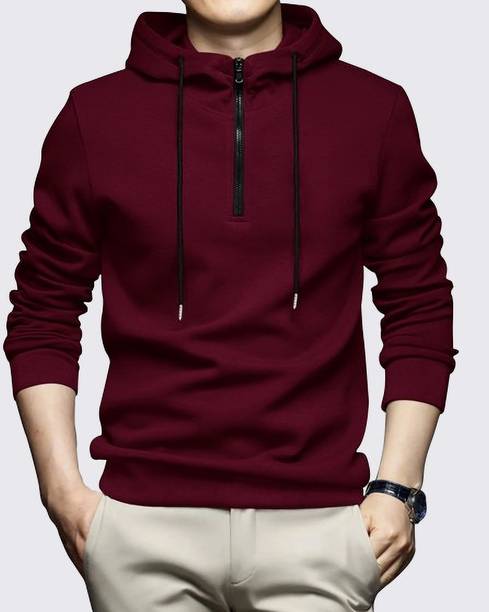 TEEMEX Men Solid Hooded Neck Cotton Blend Maroon T-Shirt