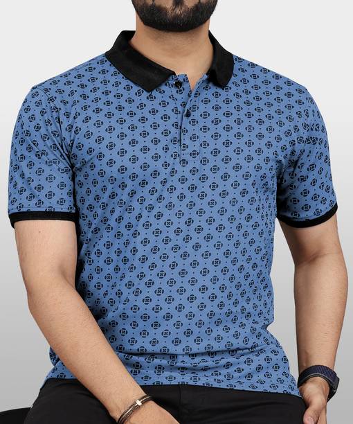 VeBNoR Men Printed Polo Neck Polyester Blue T-Shirt