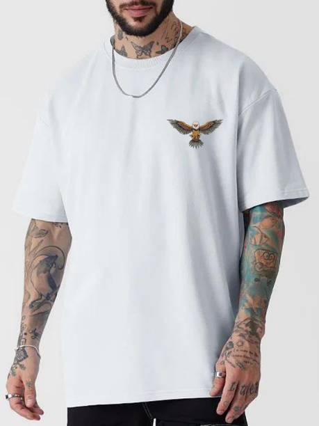 Men Printed Round Neck Cotton Blend White T-Shirt Price in India
